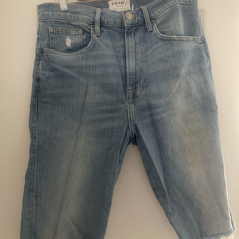 Frame Denim Le Vintage Bermuda Blue Jean Shorts Distressed High-Waisted - Picture 3 of 7